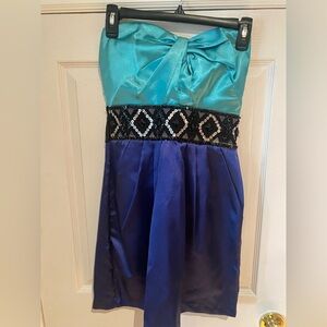 Blue and Teal Strapless Dress with Sequin Detail